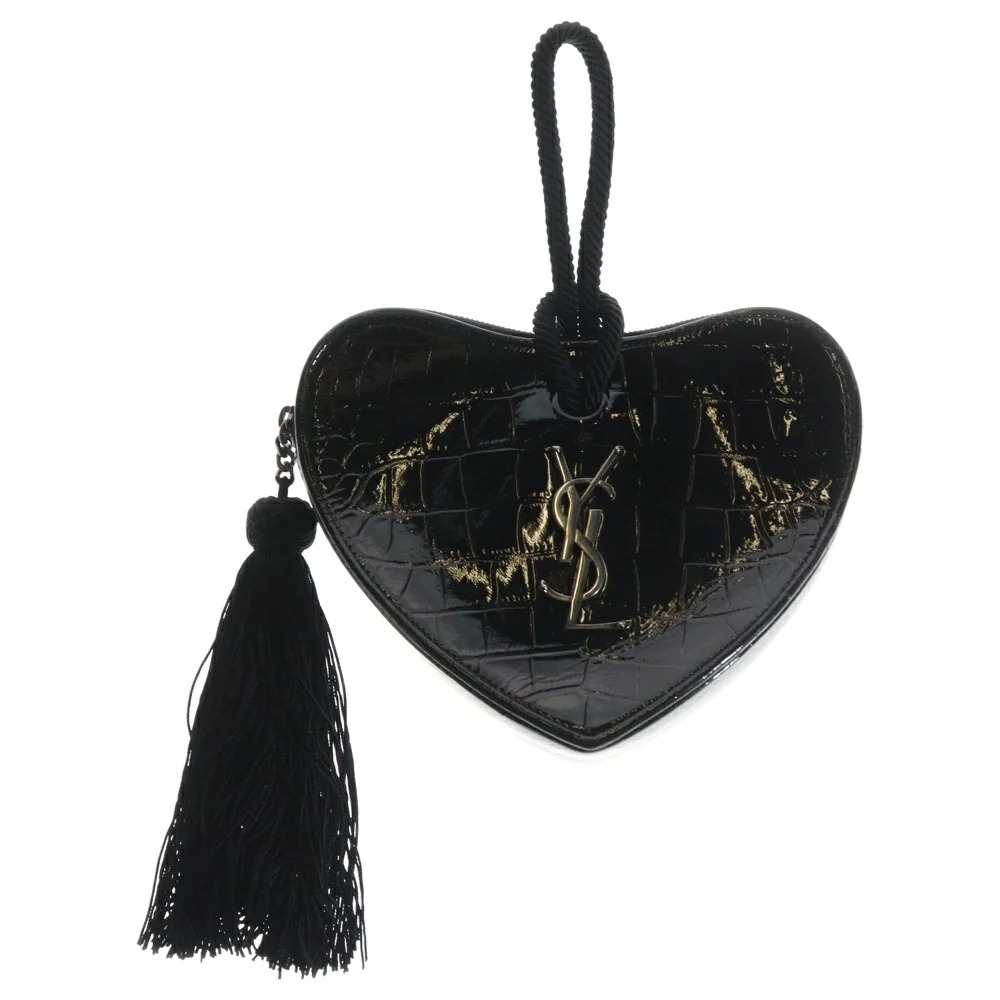 SAINT LAURENT PARIS YSL logo heart fringe clutch bag Shoulder black embossed